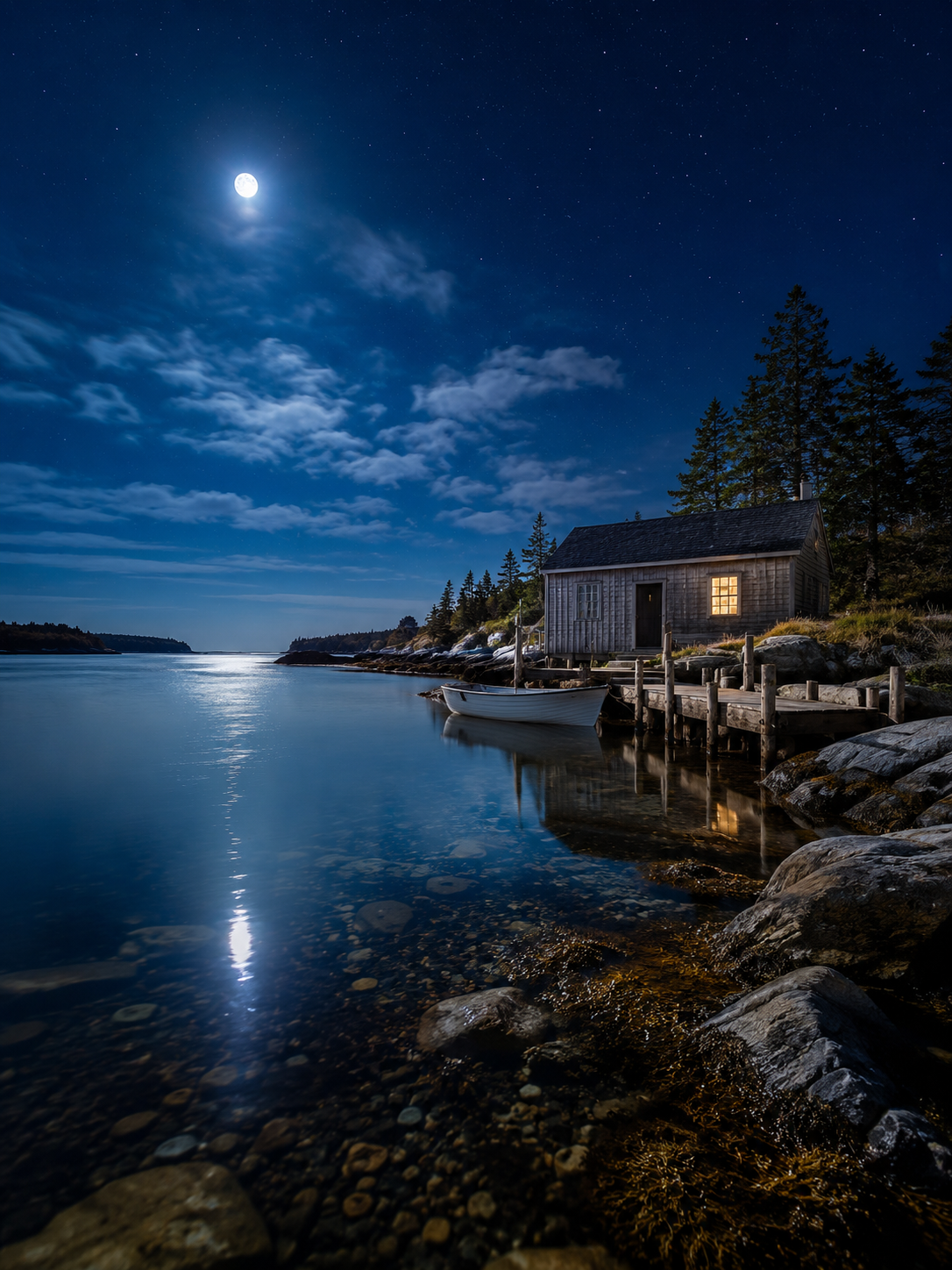 Moonlit Cabin: Night Coastal